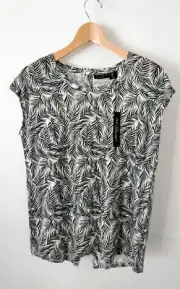 NWT TAHARI Women L 100% Linen Black White Leaf Print Button Back Top Tee Shirt