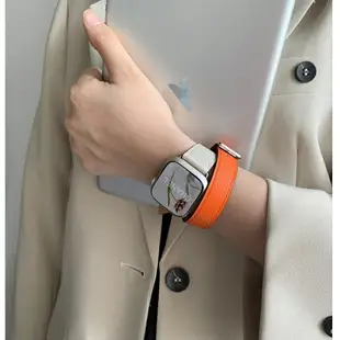 愛馬仕同款雙圈真皮錶帶 適用 Apple watch錶帶 S9 8 7 6 SE 5 4代女士錶帶 41 44 45mm