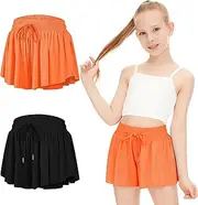 [DOCUMO] 2 Packs Butterfly Shorts for Kids Girls Flowy Shorts with Pocket 2-in-1 Athletic Shorts Running Shorts