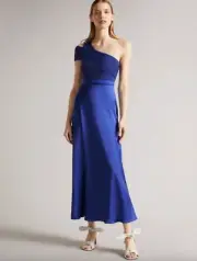 Ted Baker Ivena Maxi Dress Asymmetric Knit Bodice Satin Skirt Blue US 2 NWT