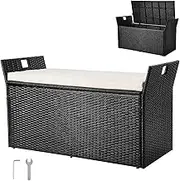 VEVOR Outdoor Storage Bench, 2-Person PE Rattan Storage Bench, 340L Deck Box with Cushion & Side Handles, Supports up to 362kg, Weatherproof Outdoor Seating & Porch Decor for Patio Garden Balcony