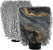 XYMZR Black Gold Marble Grey Absorbent Microfiber Car Wash Mitt, Funny Cute Anime Scratch Free for Cars Cleaning, Home Cleaning Mitts, 2 Pack, 10.24” L x 7.09” W