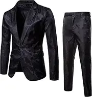 [JEShifangjiusu] Mens Shiny Sequins Blazer Floral Slim Fit Suit Jacket Stylish Tuxedo for Wedding, Prom, Banquet with Set Pants