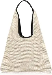 [QTKJ] Hand-woven Straw Shoulder Bag Boho Black Leather Top Handle Tote Retro Summer Beach Bag Holiday Travel Handbag