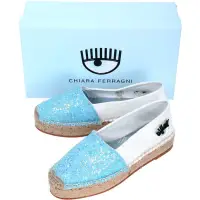 在飛比找蝦皮購物優惠-chiara ferragni 全新35號草編鞋 眨眼鞋 藍