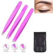 Eyebrow tweezers set of 3 slant point and flat tweezers with case.