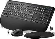 Ergonomic Wireless Keyboard and Mouse, 2.4G Rechargeable Full Size Keyboard Mouse Set with Wrist Support Mouse Pad , Multi-Device, Windows/Mac/Android(Black)