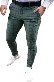 Men's Dress Pants Slim Fit Plaid Skinny Long Pants Casual Lightweight Business Golf Dress Pants with Pockets