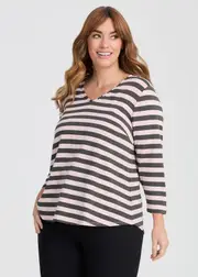 [Taking Shape] Taking Shape Natural Stripe 3 / 4 Sleeve T-shirt Size 16 in Olive / Dusty Pink, Viscose - Plus Size Women's Basics Olive / Dusty Pink