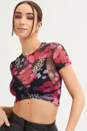 Pink Abstract Floral Print Mesh Short Sleeve Top - Size L, Women's Top