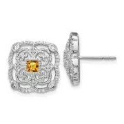14k White Gold Real Diamond and Citrine Fancy Earrings