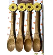 Set of 4 Modern County Farmhouse Floral Enamel Sunflower Mini Wooden Spoon Set