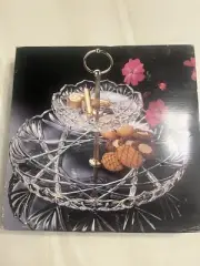 NIB MIKASA CRYSTAL 2 TIER TIDBIT SERVER 9 3/4” HAMPSHIRE GERMNY GOLD TRIM HANDLE