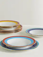 [La DoubleJ] La DoubleJ - Set Of Four Gold-plated Porcelain Soup Bowls And Dinner Plates - White - One size One size White