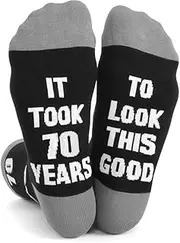 [Fascetta] 70th Birthday Socks Gifts for Men Black Crew Cotton Present Keepsake Happy 70th Funny Birthday Gift Age 70 Calf-length Size 9-11 Non-slip Decorations Dad Grandad Grandfather Husband, Black,