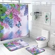 BOYOUTH Blue and Purple Butterflies,Flower Pattern Digital Print 4Pcs Shower Curtains Sets with Bath Mat,Contour Rug,Toilet Lid Cover for Bathroom Decor