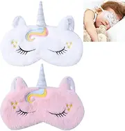 MAIHUO 2 Pcs Kids Unicorn Sleep Mask, Soft Plush Eye Cover with Adjustable Strap,Travel Breathable Eye Masks,Block Out Light Eye Mask(Pink & White)