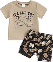 [Nibbcoa] Western Toddler Baby Boy Clothes It's Alright To Be Little Bitty Shirt Top Cowboy Hat Print Shorts Set Country Outfit
