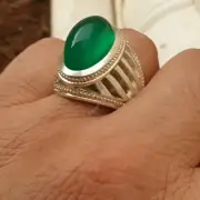 Green Yemeni Agate Ring For Men Pure Sterling Silver 925 Handmade Agate Ring