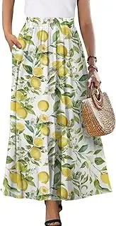 [Yewattles] Women’s Elastic High Waist Pleated A-Line Flowy Swing Maxi Long Skirt Dress with Pockets for Walking Lounging