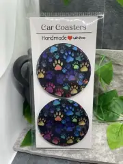 2 PC Car Cup Holder Coaster Set 2.75" Anti Slip Silicone Back New Paw Prints 23