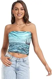 [RPLIFE] Painting Boat at Sea Womens Crop Tube Top, Strapless Top Going Out, Mesh Tube Tops, Trendy Crop Tops (S)
