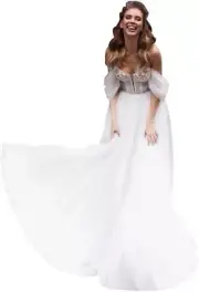 GREOENEL Amor Boho Beaded Wedding Dress Sweetheart 2 in 1 Long Sleeve A-Line