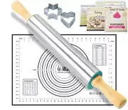 Rolling Pin Nonstick and Silicone Baking Pastry Mat Combo Kit Dough Rollers f...