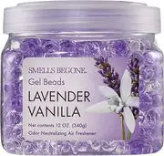 SMELLS BEGONE Odor Eliminator Gel Beads - Air Freshener - Eliminates Odor in Bathrooms, Cars, Boats, RVs & Pet Areas - Made with Essential Oils - Lavender Vanilla Scent - 12 Ounce
