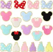 CCOZN 20 PCS Chenille Mouse Head Iron on Patches, Colorful Chenille Castle Bowknot Mouse Embroidered Patches Sew On Embroidered Applique DIY Accessory for Clothing Hats Jackets Backpack Pants