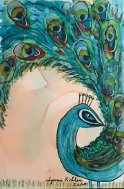 Original Painting 4x6" Peacock bright feathers bird by Lynne Kohler