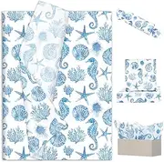 JarThenaAMCS 60 Sheets Ocean Tissue Paper Blue Seahorse Shell Coral Starfish Wrapping Paper Sea Beach Art Paper for Birthday Baby Shower Party DIY Crafts, 14 x 20 Inch