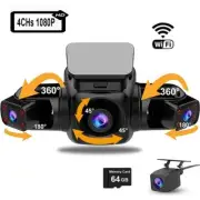 Wifi Car 4 CHs Dash Cam Front Interior Side and Rear Cameras IR Night Vision DVR