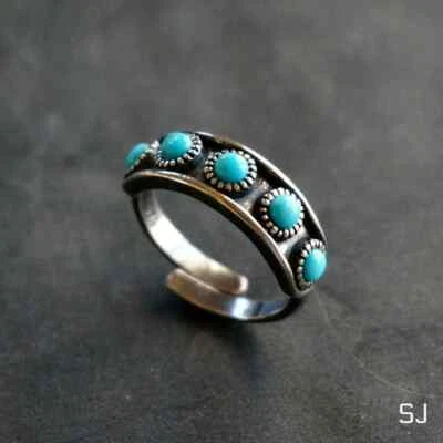 Boho Native American Turquoise Elegance Adjustable Sterling Silver Ring Band, G