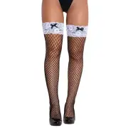 Love In Leather Fishnet Thigh High with White Lace Top Stockings