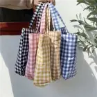 Cotton Lunch Bag Travel Grocery Plaid Handbag Reusable Tote Bags Women