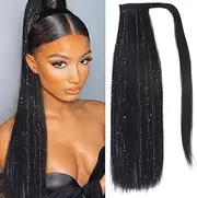 26 Inches Ponytails Hair Extensions Wrap Around Black Hair Extensions Ponytail with Tinsel Straight Clip in Ponytail Extension for Women (Black, One size)
