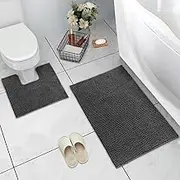 LINENOVA Chenille Bath Mat Set 2 Piece, Absorbent Non-Slip Bath Mat & U-Shaped Contour Toilet Rug, Plush Shaggy Bathroom Rug Set, Machine Wash, Charcoal
