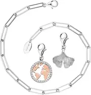 [Engelsrufer] Women's Jewellery Set - Anchor Bracelet Silver for Charms, Ginkgo Leaf Charm Silver & Charm World Silver/Rose with Zirconia Stones, Verstellbar, Sterling Silver, No Gemstone