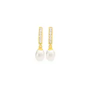 9ct Gold Cultured Freshwater Pearl On A Cubic Zirconia Hoop Earrings in White