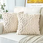 Artscope Pack of 2 Soft Plush Short Wool Velvet Decorative Cushion Covers Luxury Style Throw Pillow Covers European Pillow Shell for Sofa Bedroom Diamond Shape Cream Beige, 65x65cm, 26x26