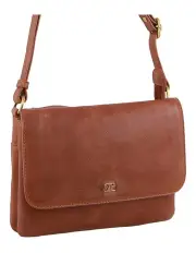 [PIERRE CARDIN] Leather Flap-Over Crossbody Bag in Tan