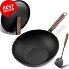 32cm Carbon Steel Wok Non-Stick w/ Lid Spatula Flat Bottom for Induction Cooktop