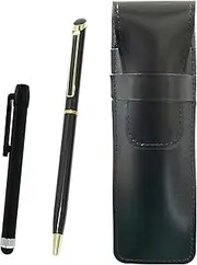 Slim Cowhide Leather Pen Case Black Metal Touch Stick Black and Epoxy Rotating Ballpoint Pen Set Black ASB-ALB-WD002-B