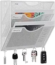 EasyPAG 3 Tier A4 Mesh in Tray Wall Pocket File Holder Mail Organiser Magazine Storage Rack with 5 Hooks for Keys,White