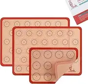 Silicone Macaron Baking Mat Half Sheet - Set of 3 (2 Half Sheet and 1 Quarter Sheet), Non Stick Silicon Oven Liner for Macaroons and Cookies, by Folksy Super Kitchen (16.5x11.6, Red)