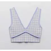 New NWT Zara Purple White Gingham Print Soft Sweater Style Crop Top Large