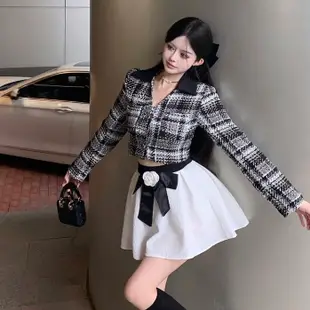 韓版時尚套裝女裝高級設計感緊身翻領短版長袖外套+高腰蝴蝶結裝飾A字半身裙兩件套