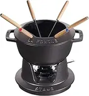 Staub Fondue Set with 6 Forks, Suitable for Cheese, Chocolate and Meat Fondue, Cast Iron, Black, 18 cm