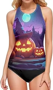 [Joitme] Halloween Pumpkins Night Swim Tops for Women, Small Plus Size Swim Top Tummy Control, Bathing Suit Top No Bottom, Halloween Pumpkins Night, Medium